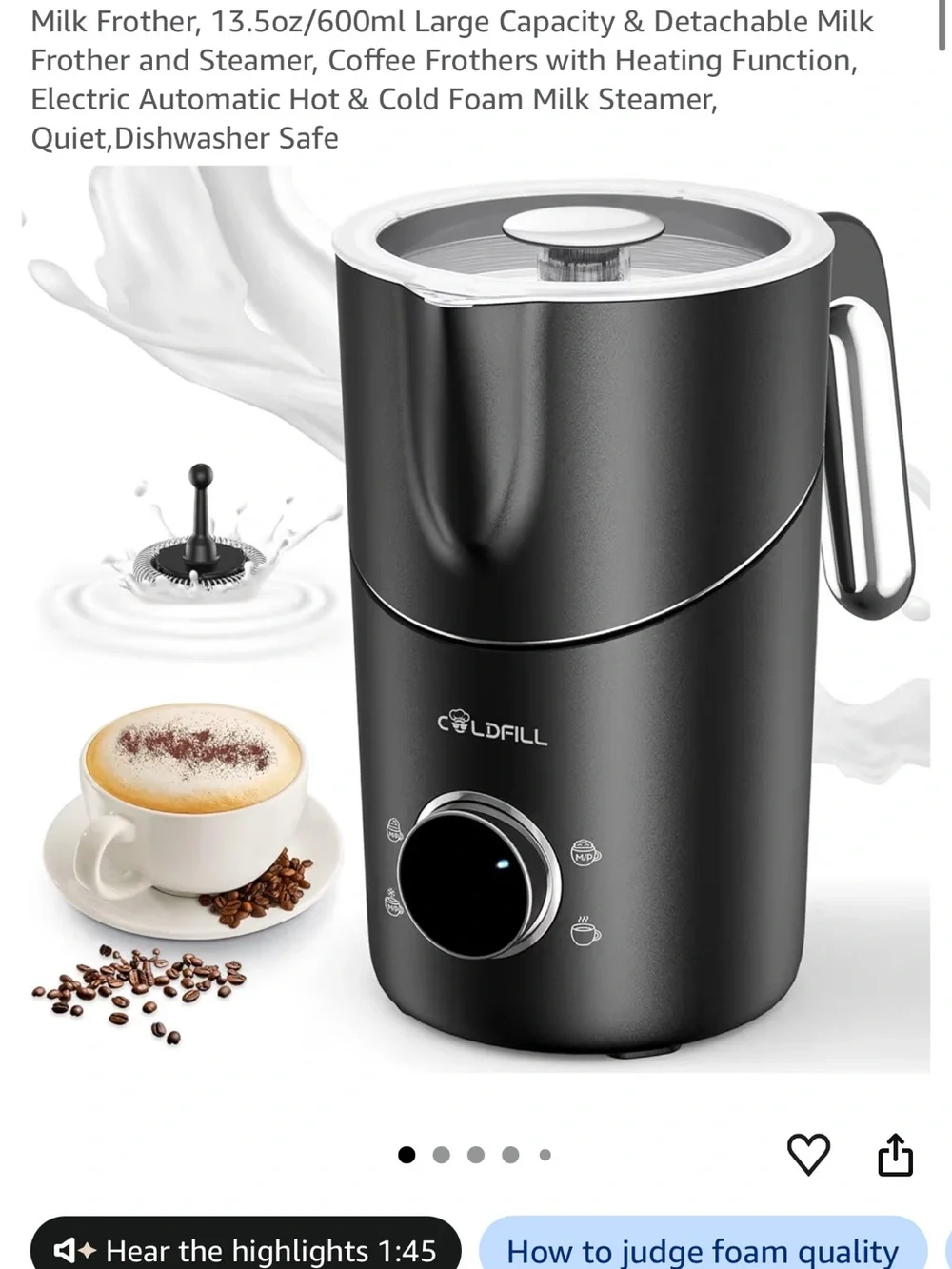 Black Electric Milk Frother and Steamer